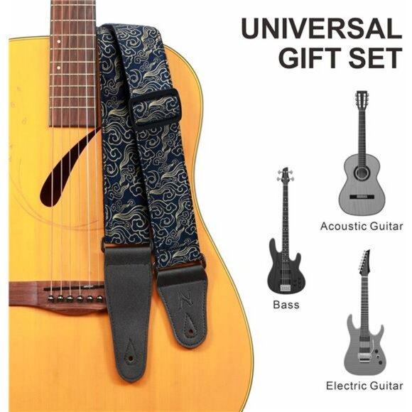 Adjustable Cotton Guitar Strap with Picks Locks Leather Ends Gift Set - Picture 4 of 7